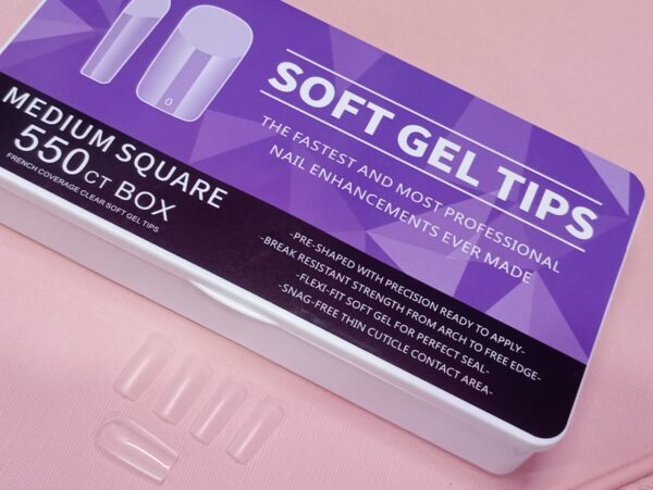 Tips para sof gel cuadrados pre limados cristal  empaque morado