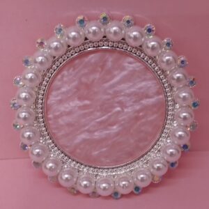 Exhibidor de mostrario (base para mezclas de gel uñas) forma redonda plateada  con blanco y perlas